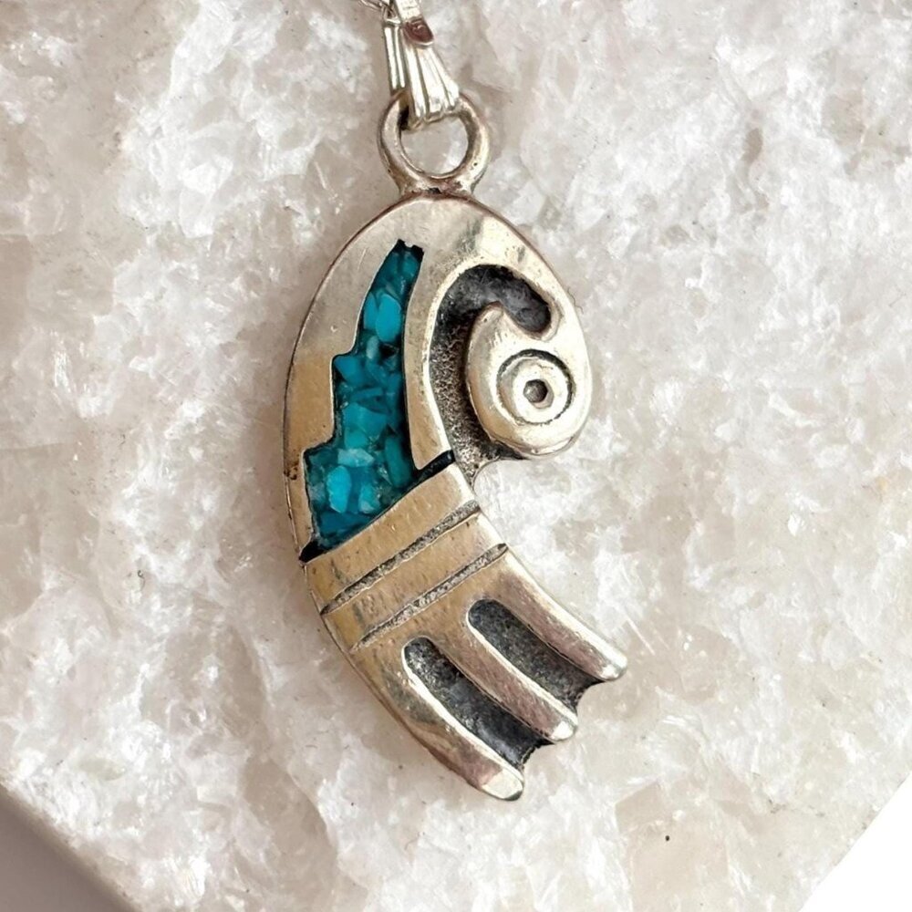 Crushed Turquoise Abstract Sterling Silver 925 Vintage Pendant Necklace - 18"